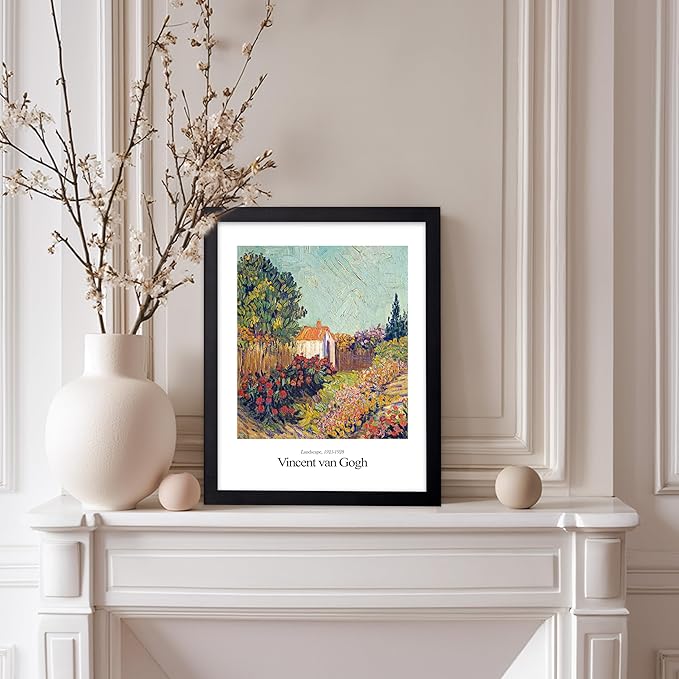 Monem Art Vintage Van Gogh Poster - Retro Impressionist Print - Flower Garden, Cottage, Sky, Colorful, Landscape - Gift for Artist, Friend - Wall Decor for Home, Office, 8x10 Black Framed