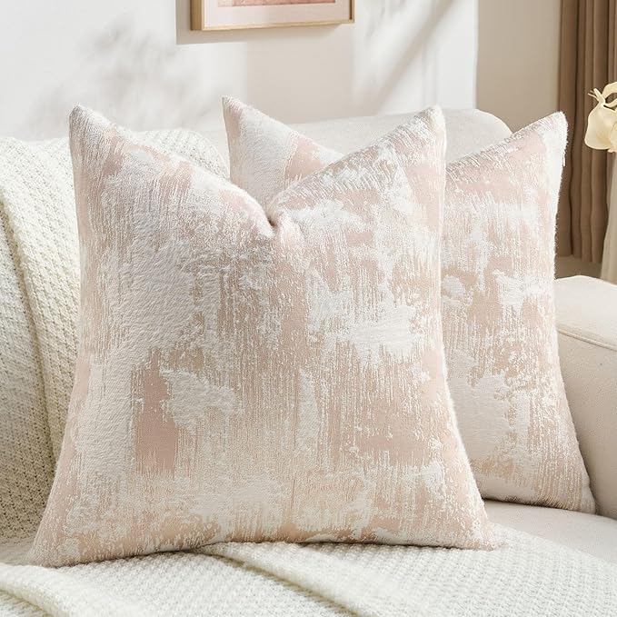 FUTEI Pink White Decorative Throw Pillow Covers 18x18 Inch Set of 2,Jacquard Weave Cushion Case in Soft Faux Cashmere,Modern Home Decor for Couch Living Room