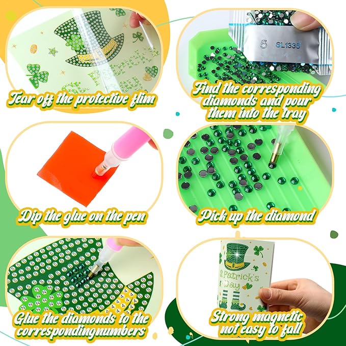Saillong 12 Pack St Patrick's Day Diamond Painting Greeting Card Kits Green Shamrock Diamond Art Cards with Envelopes 5D Rhinestones Painting Making Kit for Adults DIY Craft Family Friend Holiday Gift