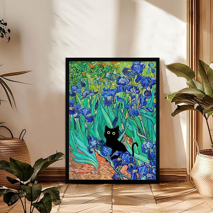 Fantasy Artists Van Gogh Irises Cat Wall Art, Framed Vintage Garden Canvas Wall Decor, Funny Black Cat Poster Prints, Paintings,Bathroom,bedroom,Living Room Artwork Decorations 12" Wide X 16" Height