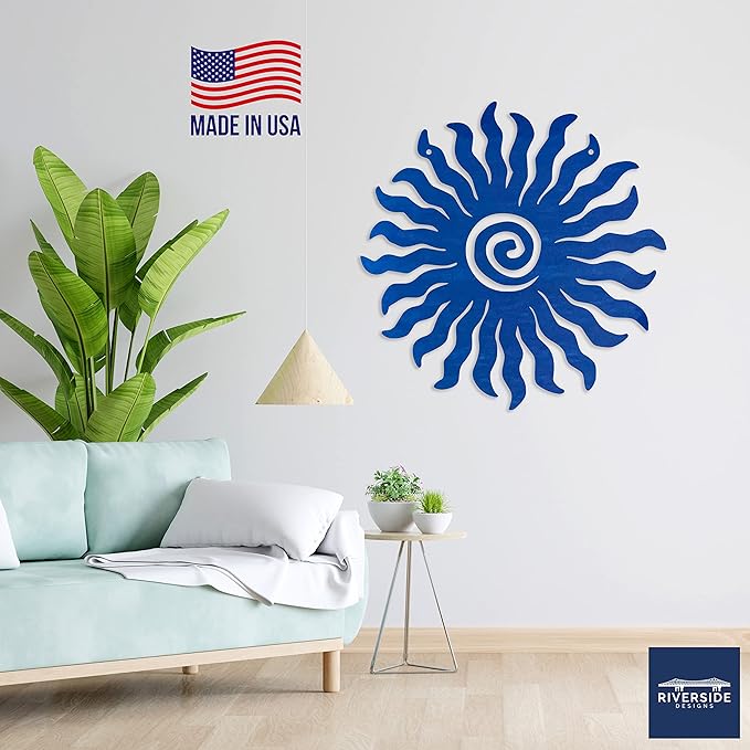 Riverside Designs Sunburst Metal Wall Art Steel Outdoor Decor - Heavy-Duty and Waterproof - Made in USA (12", Blue)