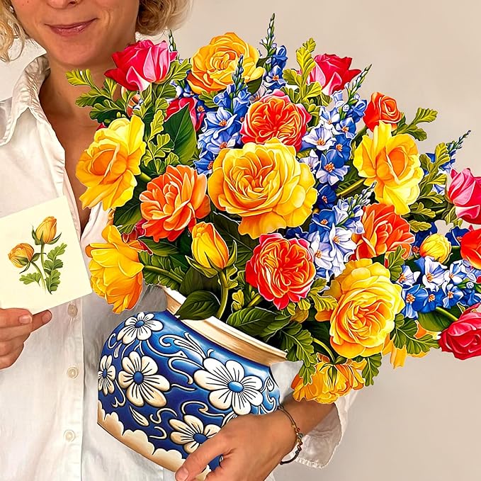 Freshcut Paper Pop Up Cards, Grande Sorbet Roses, 18 Inch Life Sized Forever Flower Bouquet 3D Popup Greeting Card, Birthday Cards, Thank You Card, Blank Notecard & Envelope