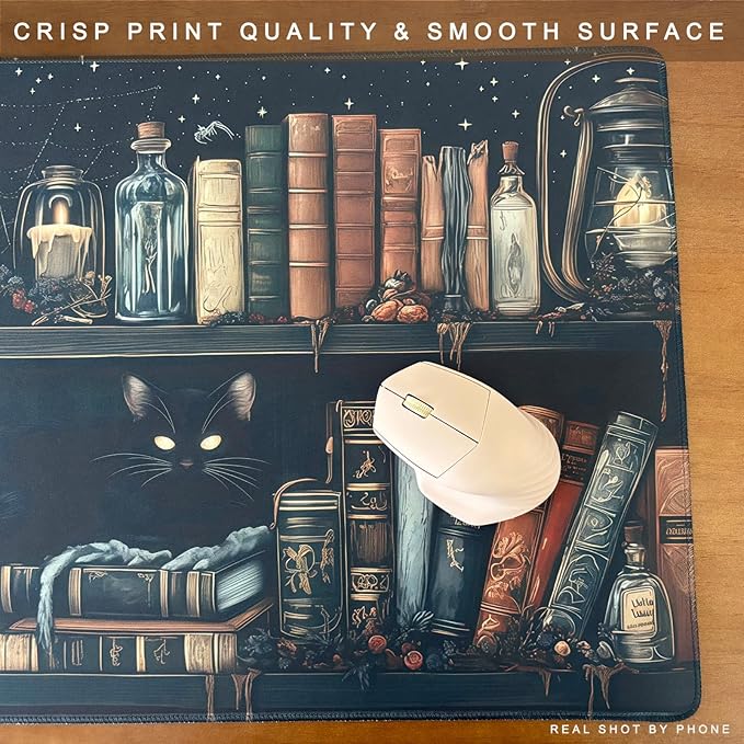 Mystic Grimoire Desk Mat - Black Cat on Bookshelf Large Mouse Pad- Gothic Library with Skull Bottles Extended Desk Pad- Dark Academia Starry Night XL Mouse Pad for Gaming Study Work 31.5 * 15.7in