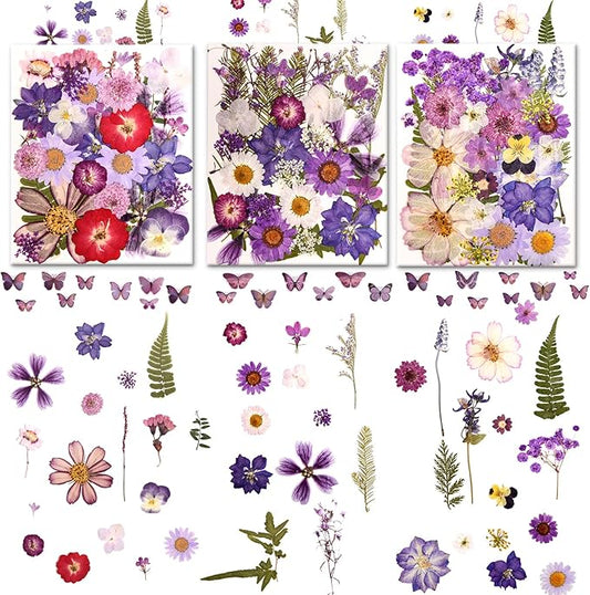 140 PCS Purple Real Pressed Dried Flowers and Leaves with Butterfly Stickers & Tweezers – Natural Dried Flowers for Resin, Candle, Jewelry, Scrapbooking & DIY Crafts (Purple 140)