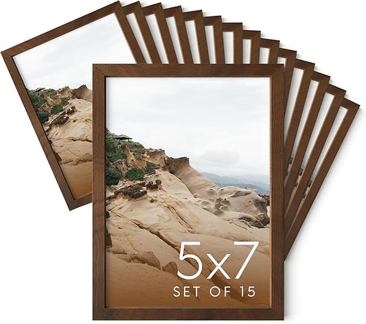 Haus and Hues 5x7 Walnut Oak Wood Photo Frame Set of 15 - Mini Picture Frames Bulk Gallery Set - Premium Bulk Picture Frames 5x7 for Stylish Photo Gallery Wall Frame Set - Ideal for Home & Office