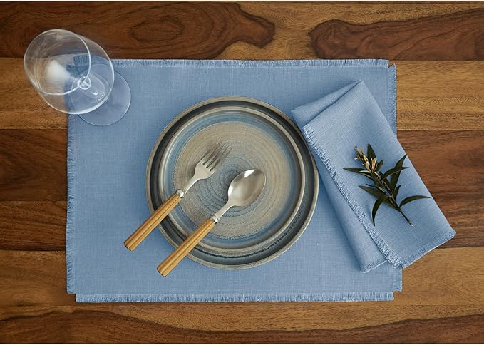 Solino Home Fringe Linen Napkins Set of 4-100% Pure Linen Dusty Chambray Blue Dinner Napkins 20 x 20 Inch for Winter, Spring, Easter - Handcrafted and Machine Washable