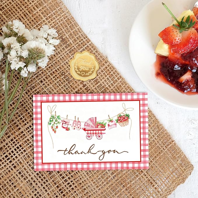 24 Pack Strawberry Baby Shower Thank You Cards Greeting Cards Plaid Blank Note Card with Envelopes Stickers for Girl Birthday Gender Reveal, 4 x 6 Inch