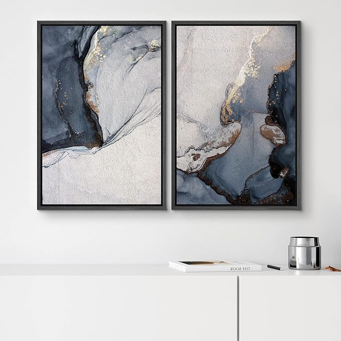 SIGNWIN Framed Canvas Print Wall Art Set Pastel Watercolor Blue Smoke Waves Abstract Shapes Illustration Modern Art Minimalism Decorative Nordic for Living Room, Bedroom, Office - 16"x24"x2 Black