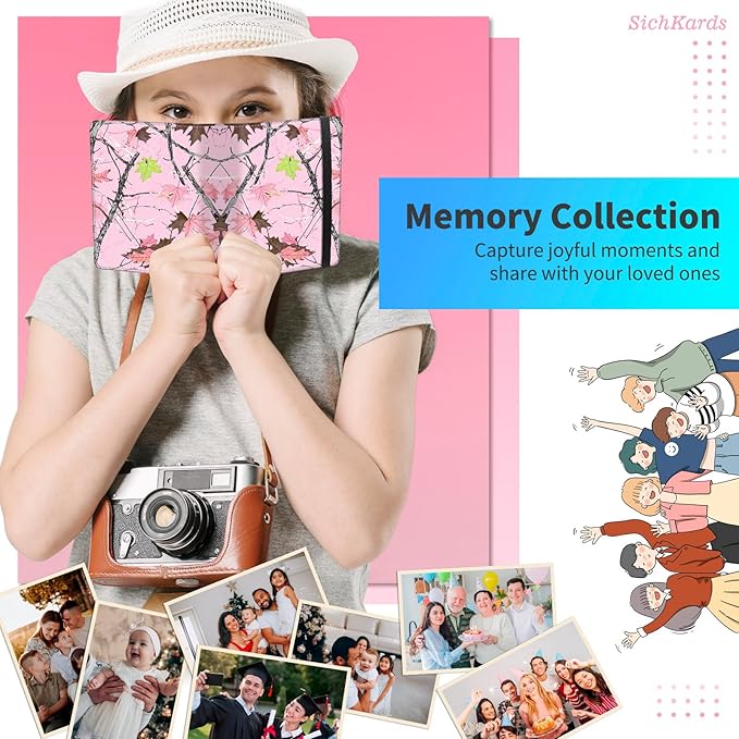 Mini Photo Album 2x3,60 Photos Capacity,PU Leather Cover with Elastic Band,High Definition Waterproof PP Pages for Family Wedding Anniversary Baby Record,Camo Pink