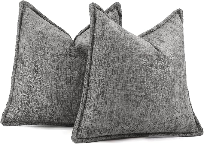 Pack of 2 Grey Decorative Throw Pillow Covers 16x16 Cozy Soft Chenille Accent Vintage Square Couch Pillow Covers for Home Decor Bed Sofa Living Room
