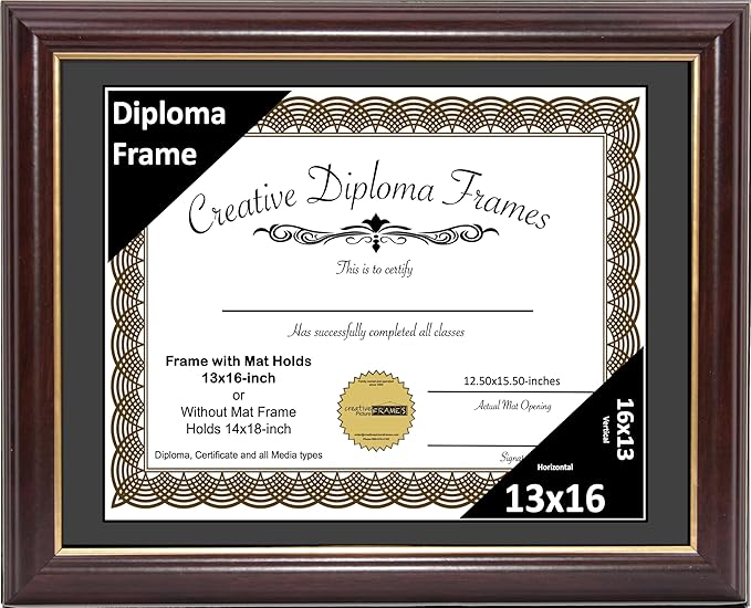 Creative Picture Frames 13x16 Mahogany Gold Rim Diploma Frame with Black Mat Glass and Installed Wall Hangers | Frame Holds 14x18 Media without Mat