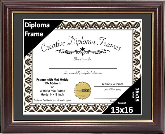 Creative Picture Frames 13x16 Mahogany Gold Rim Diploma Frame with Black Mat Glass and Installed Wall Hangers | Frame Holds 14x18 Media without Mat