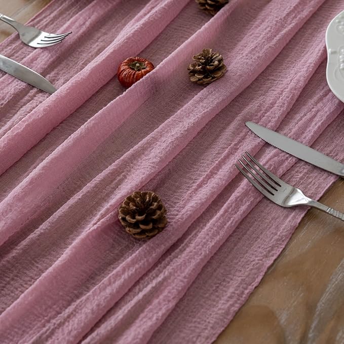 Keketoarrange Dusty Rose Valentines Cheesecloth Table Runner Gauze 120 Inch 10 FT Rustic Boho Cheese Cloth Runner for Wedding Baby Shower Bridal Shower Garden Party Sheer Spring Home Decorations