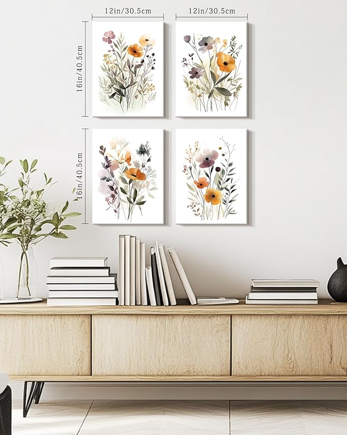 Drsoum Wildflower Bouquet Boho Framed Wall Art Wooded Minimalist Aesthetic Botanical Flower Prints Modern Plants Bathroom Kitchen Home Decor Ready to Hang 12x16inx4pcs (Framed)