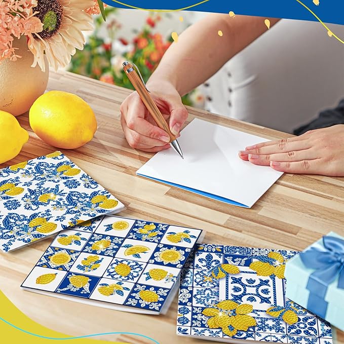Saillong 12 Pack Capri Lemon Diamond Painting Greeting Card Kit with Envelopes Blue Yellow Lemon Diamond Art Cards 5D Rhinestones Painting Making Kits for Adult DIY Craft Family Friend Holiday Gifts