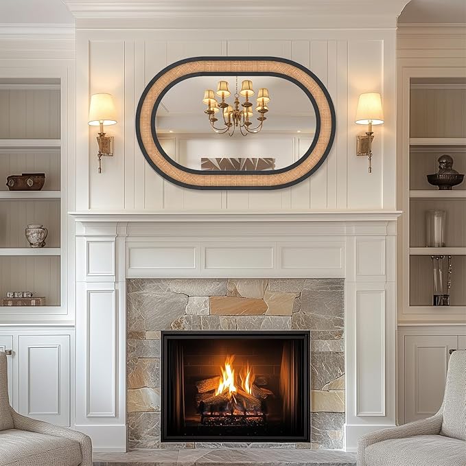 Rattan Wall Mirror with Wooden Framed Black Oval Bathroom Mirror 24 X 36 inch Farmhouse Wood Mirror for Modern Decorative Bathroom, Living Room, Entryway, Bedroom