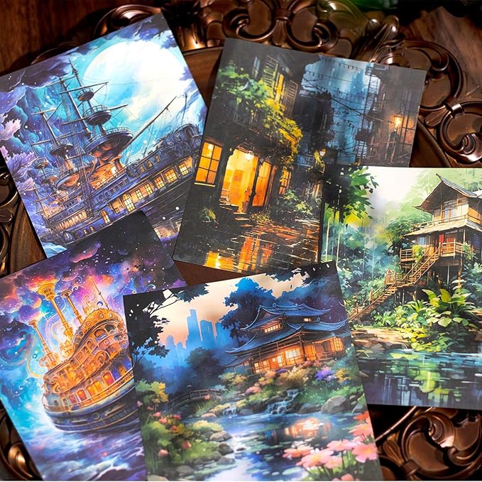 120Pcs Vintage Fantasy Scrapbook Paper, Traditional Building Ephemera Pack for Journaling and Junk Journal Supplies, Scrapbooking Kit with Glue Tape