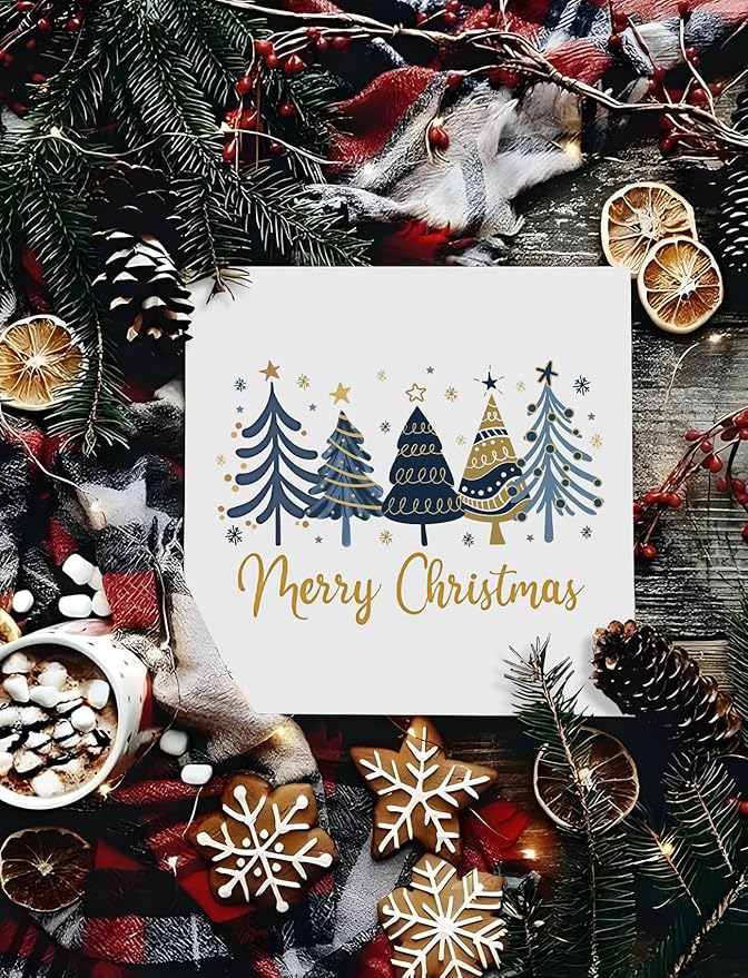 Blue and Gold Christmas Tree Wooden Box Sign, Merry Christmas Decorations, Xmas Holiday Winter Wood Signs for Home Office Desk Shelf Tabletop Decor, 5x5 Inch Decorative Signage