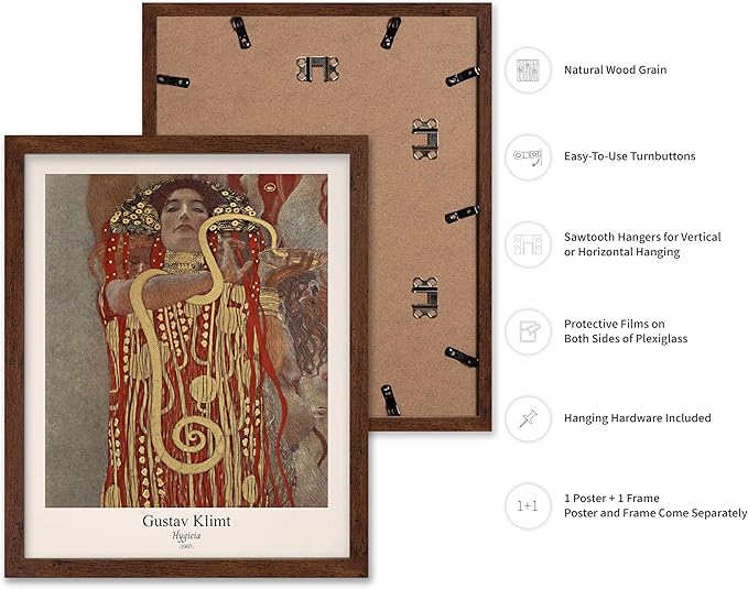 Poster Master Vintage Gustav Klimt Poster - Retro Hygieia Print - Art Nouveau - Greek Goddess of Health Art - Symbolism Art - Classic Painting - Aesthetic Living Room Decor - 8x10 Brown Framed