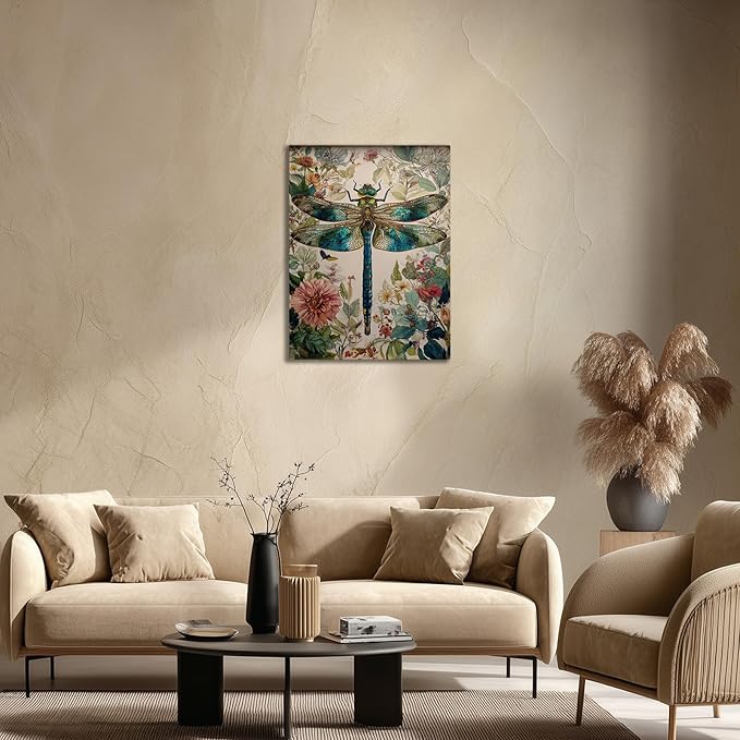 GDSRGXC Vintage Botanical Dragonfly Canvas Wall Art, Turquoise and Gold Insect Print with Floral Background, Nature Home Decor (16''x24'')