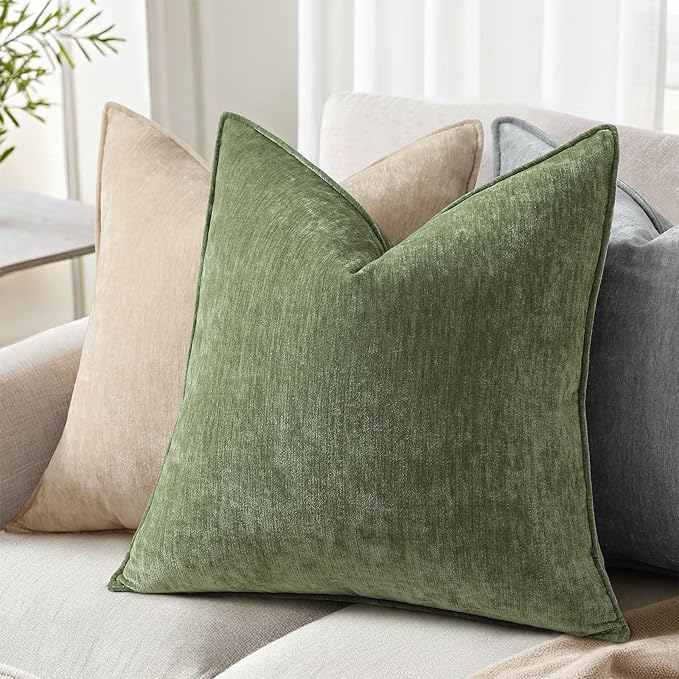 decorUhome Spring Couch Throw Pillow Covers 20x20 Set of 2, Decorative Soft Velvet Neutral Chenille Pillow Covers with Elegant Design for Sofa Bed Living Room Home Decor, Olive Green