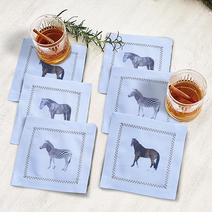 Cocktail Napkins Set of 6, 6x6 inch, 100% Pure Cotton, Printed Animal Pattern, Reusable & Washable Cloth Coasters for Beverages, Hosting, Gifting & Everyday Use (Horse)