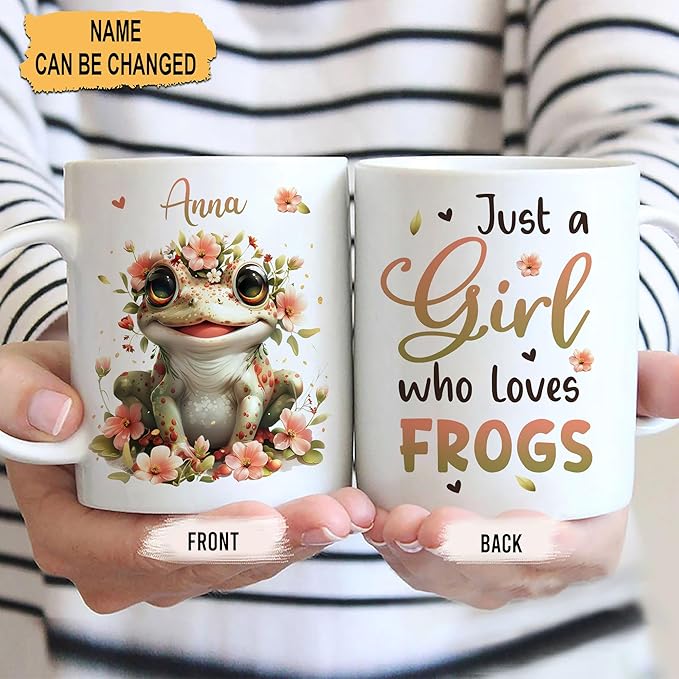 Hyturtle Personalized Cute Frog Coffee Mug - Gift For Frog Lover - Just A Girl Who Loves Frogs - Frog Gift For Women - Animal Lover Gift - Birthday - Custom Name Coffee Cup Ceramic Mug 11oz - 15oz