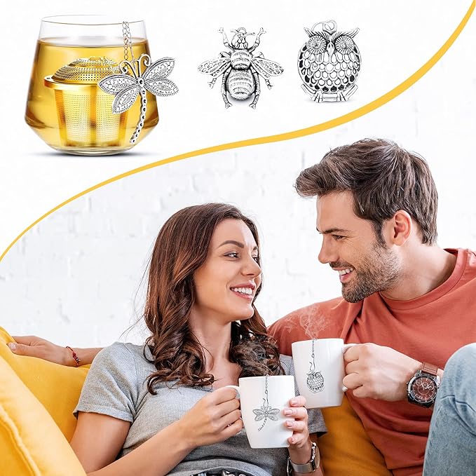 3 Sets Tea Infusers Steeper for Loose Leaf Tea Holder Stainless Steel Tea Ball Mesh Strainer Filters with Drip Trays and Pendant(Insects Style)