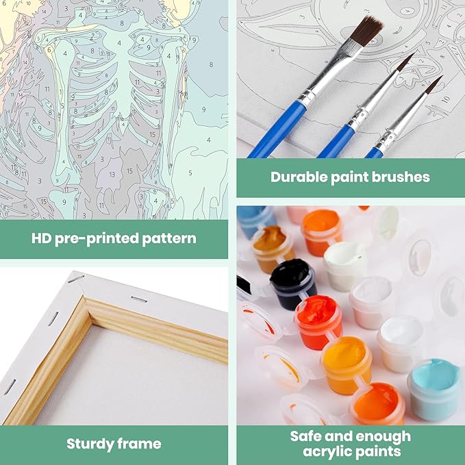 MXJSUA Cat Skeleton Framed Paint by Numbers for Adults Beginners, Easy Adults' Paint-by-Number Kits on Canvas with Easel, Animal Acrylic Number Painting Crafts Kits Gifts for Home Decor, 8x12inch