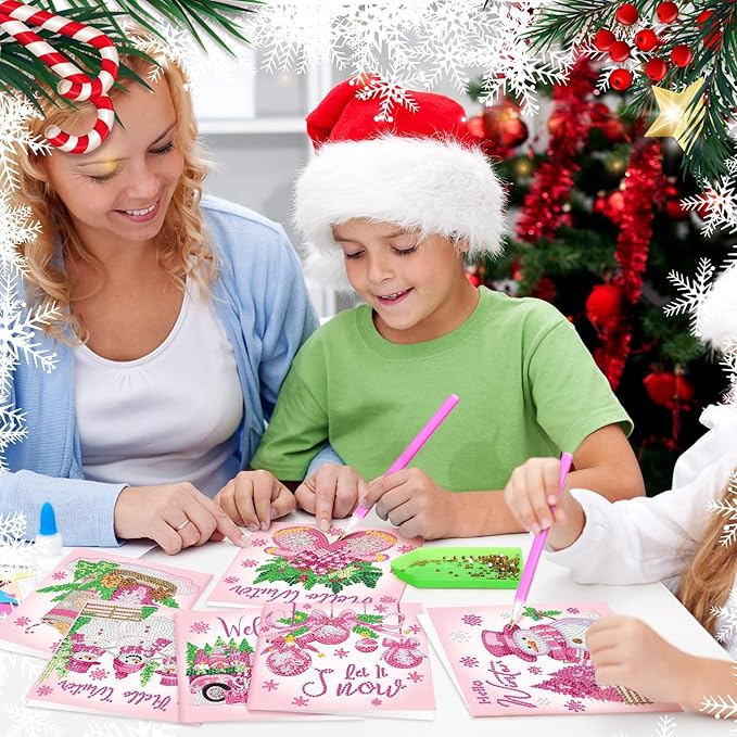 Saillong 12 Pack Pink Christmas Diamond Painting Greeting Card Kits Winter Diamond Art Cards with Envelopes Snowman 5D Rhinestones Painting Making Kits for Adults DIY Craft Family Friend Holiday Gifts