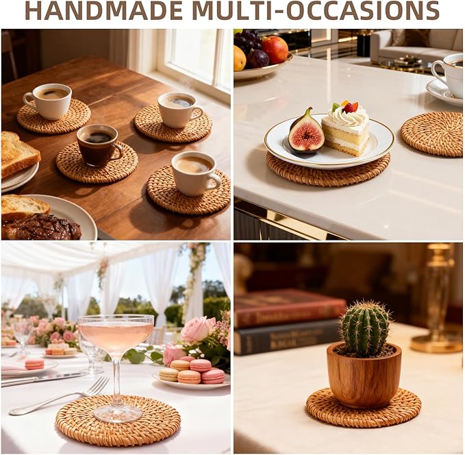 Handmade Rattan Coasters Set of 6 with Holder - Woven Aesthetic Drink Coasters for Table & Desk, Natural Boho Farmhouse Rustic Coffee Cup Pads, Home Bar Patio Table Outdoor Decor (Round)