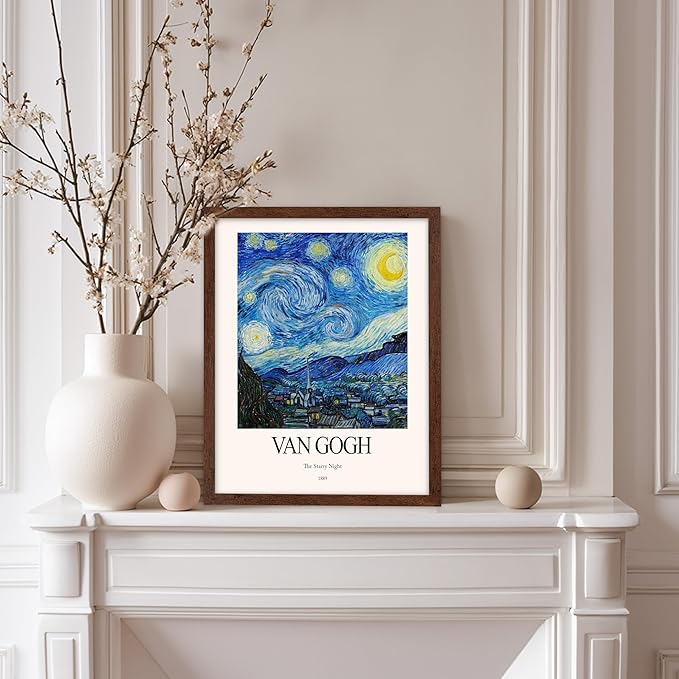 Monem Art Vintage Van Gogh Poster - Retro Impressionist Print - The Starry Night, Moon, Stars, Abstract - Gift for Artist, Friend - Wall Decor for Home, Office, 8x10 Brown Framed