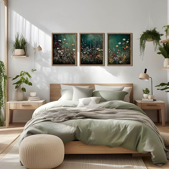 Vintage Wildflower Wall Art Set of 3, Moody Dark Green Flower Botanical Wall Decor Paintings,Nature Floral Farmhouse Landscape Posters Prints Pictures for Living Room Bedroom 12x16 Inch Wood Framed