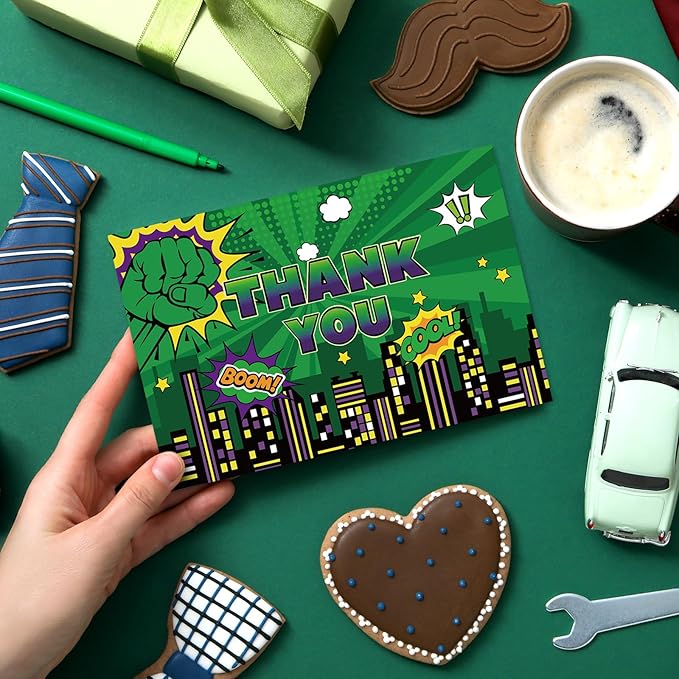 Whaline 24 Pack Green Super Hero Thank You Card Greeting Cards with Envelopes Stickers Cityscape Saying Bubble Blank Note Cards for Birthday Baby Shower Party Supplies