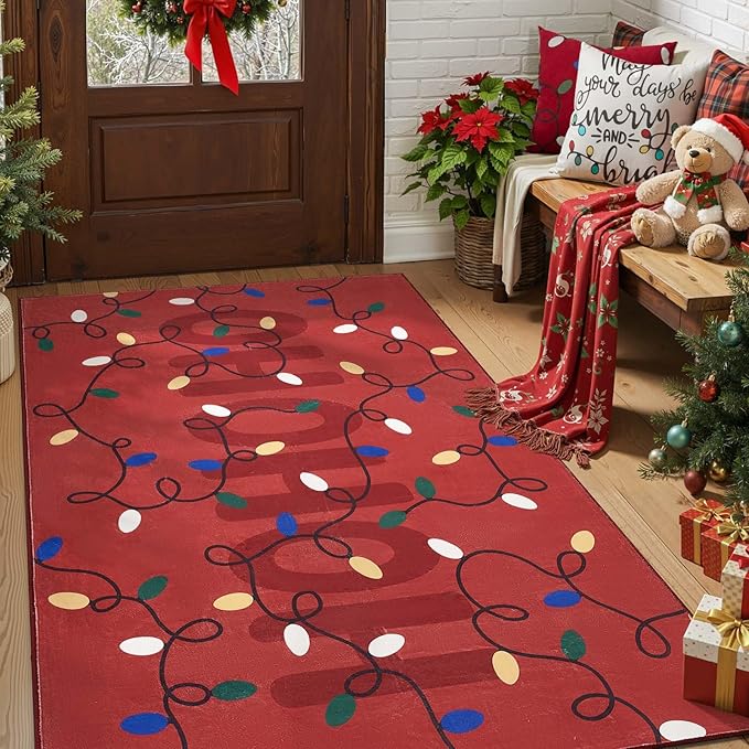 jinchan Jingle Lights Christmas Rug 4x6 for Living Room Bedroom Red Holiday Decorative Rug for Dining Room Foyer Colored String Lights Printed Xmas Decor Washable Non Slip Floor Carpet