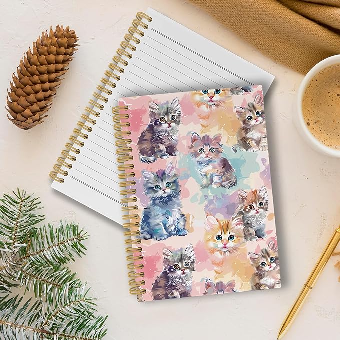 Cute Cat Journal Notebook - Watercolor Cat Themed Notebooks College Ruled for Work School, Gifts for Cat Lovers Kids, Aesthetic Office Supplies, Hardcover Spiral Notebook 5.5"x8.3"