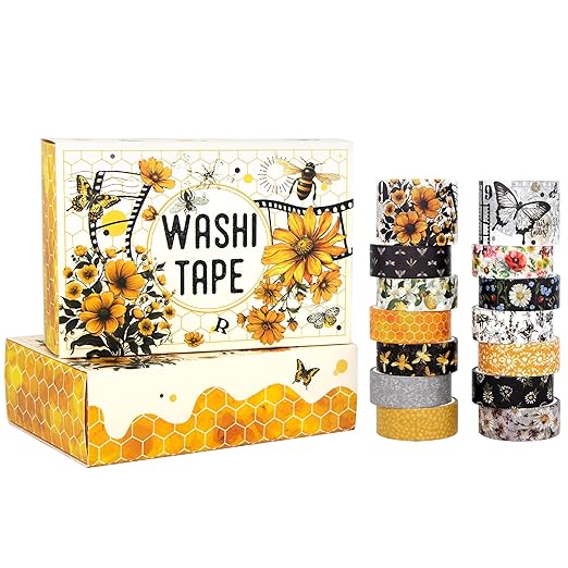 Vintage Bee & Floral Decorative Washi Tape Set - 14 Rolls Retro Honeycomb, Blossom Design craft tape Pack for Journaling, Scrapbooking,Junk Journal, Bullet Journaling , 2 Sizes Decorative Masking Tape