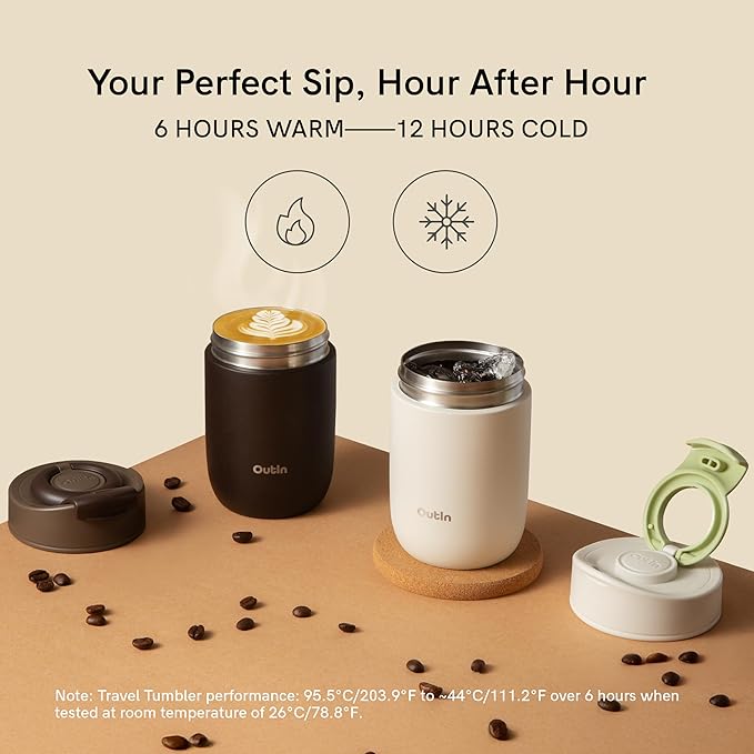 OutIn Travel Tumbler, Outdoor Insulated Coffee Tumbler with Leak-Proof Flip Lid, 12 oz Stainless Steel Mug for Hot & Cold Drinks Terra Brown