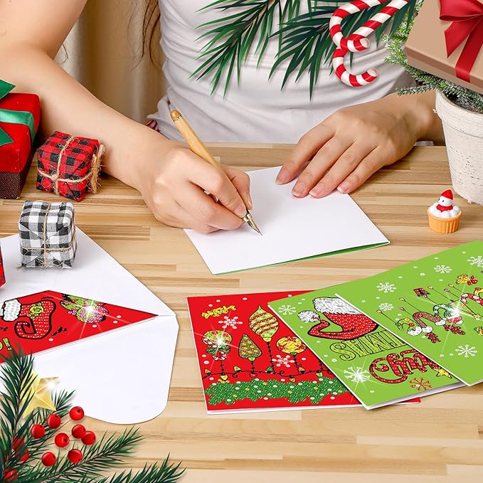 Saillong 12 Pack Christmas Diamond Painting Greeting Card Kits DIY Lime Green Christmas Diamond Art Cards with Envelopes Xmas 5D Rhinestones Painting for Adults DIY Craft Family Friend Xmas Gifts