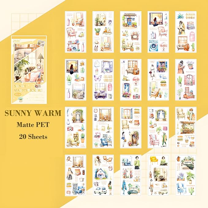 Journaling Sticker Book, 20 Sheets Scrapbook Stickers, Junk Journal Supplies, Pre-Cut Aesthetic PET Materials, Watercolor Scrapbooking for Adults, Decorative Ephemera Planner Arts Craft
