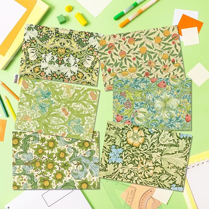 24 Pack William Morris Greeting Cards with Envelopes & Stickers - 6 Vintage Floral Leaves Retro Botanical Styles Blank Note Cards for Wedding, Birthday Greetings, Baby Shower, Thank You & More