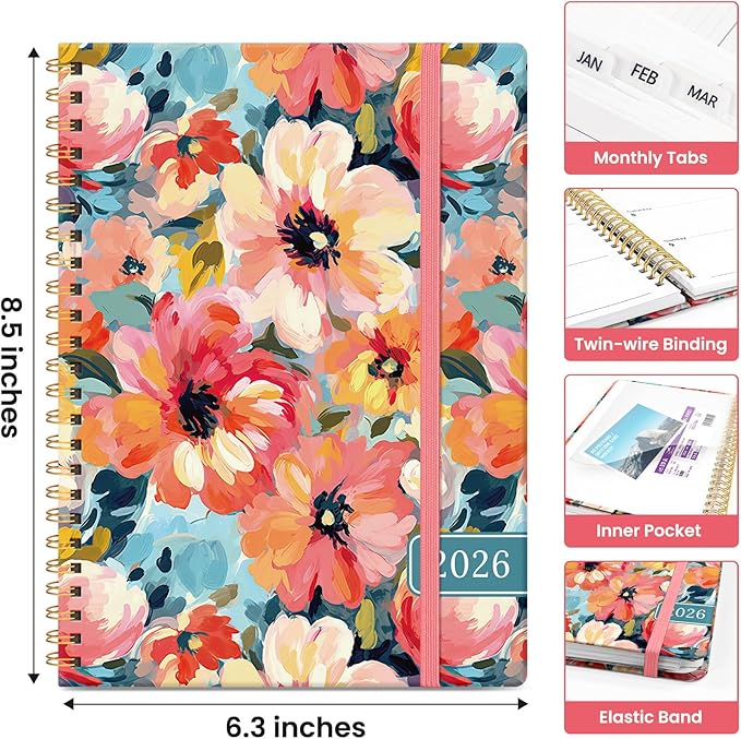 2026 Planner, Weekly and Monthly Calendar Planner for Women, Jan 2026 - Dec 2026, Hardcover Planning Agenda book with Tabs, Spiral Bound, Inner Pocket, Perfect for School Office Supplies, 6.3" x 8.5" - Pastel Garden