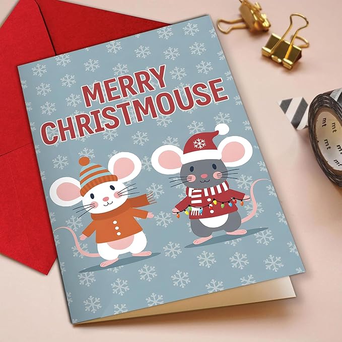 (5.3x8in) Merry Christmouse Card with Envelope, Cute Funny Christmas Mouse Greeting, Adorable Winter Holiday Card with Cartoon Mice Design for Friends, Family, and Kids (Xmas 25)