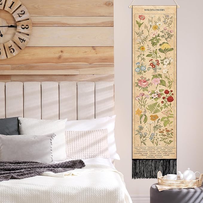 Geetery Vintage Floral Vertical Tapestry Wall Hanging Long Narrow Wall Fabric Flower Hanging Reference Illustrative Botanical Tassel Tapestry for Home Decor Gift (Natural)