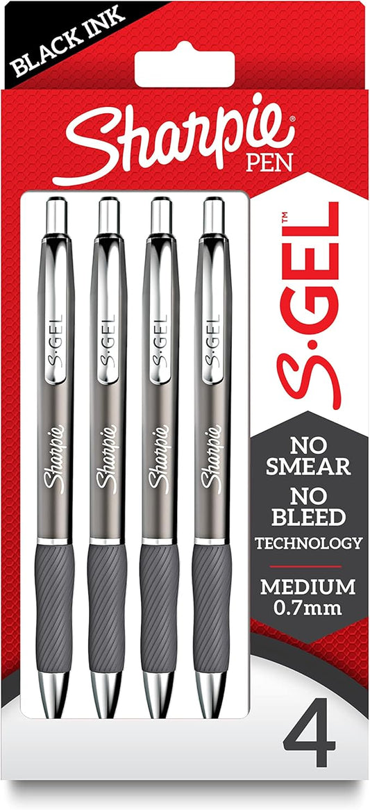 Sharpie S-Gel Gel Pens Sleek Metal Barrel Gunmetal Medium Point (0.7mm) Black Ink 4 Count