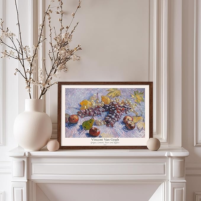 Monem Art Vintage Van Gogh Poster - Retro Grapes Lemons Pears and Apples Print - Impressionism Art - Fruit Art - Fine Art - Classic Painting Art - Great Kitchen Decor - 8x10 Brown Framed