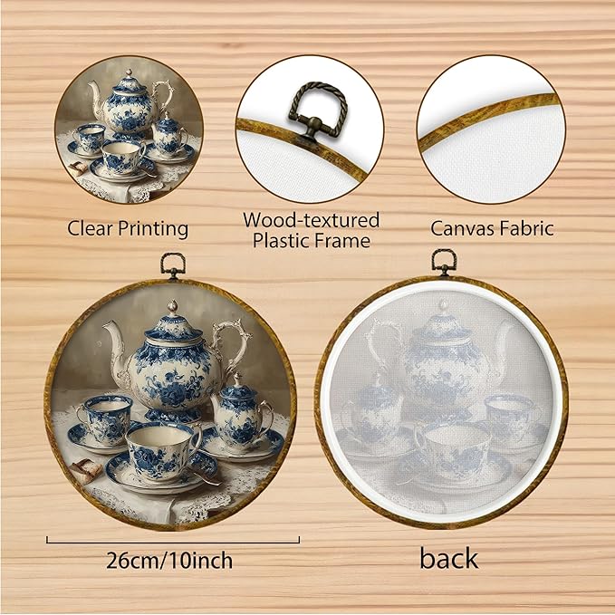 Hiuwevt Chinoiserie Kitchen Round Wall Art Decor, Rustic Farmhouse Framed Canvas Prints, Blue and White Antique Teapot Round Wall Hanging Decor for Kitchen Home Room Decorations, 10x10 Inches