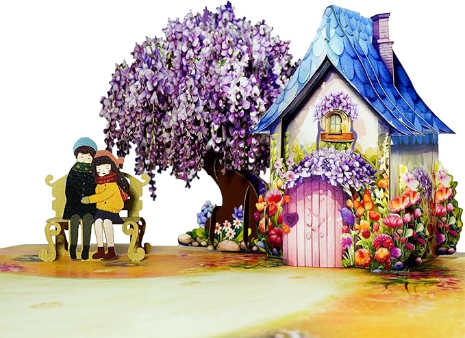 CUTE POPUP - Romantic Couple with Flowering Wisteria Design 3D popup card for Birthday, Valentine, Wedding, Anniversary Handmade gift for Girlfriend, Wife or Couple