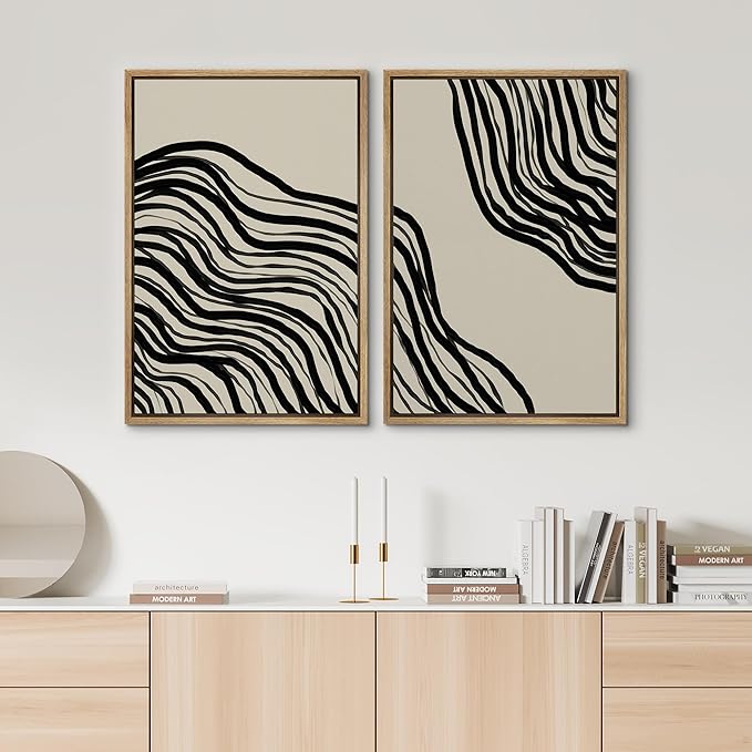 SIGNWIN Framed Canvas Print Wall Art Set Dark Geometric Spiral Wave Collage Abstract Shapes Cozy Neutral Modern Art Minimalism Decorative Nordic for Living Room, Bedroom, Office - 16"x24"x2 Natural