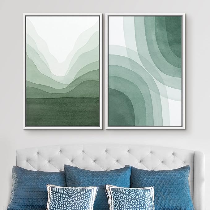 SIGNWIN Framed Canvas Print Wall Art Set Pastel Watercolor Green Wave Illusion Abstract Shapes Illustrations Modern Art Minimal Boho Colorful for Living Room, Bedroom, Office - 24"x36"x2 White